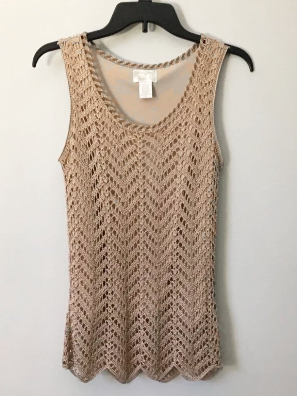 VTG Kroshetta 100% Rayon Bisque Crochet Layered Lace Tank M Art Deco